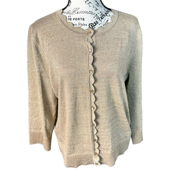Cable & Gauge Sweaters - Women’s Cable and Gauge Gold Metallic Scalloped Edge Cardigan Sweater Size Large